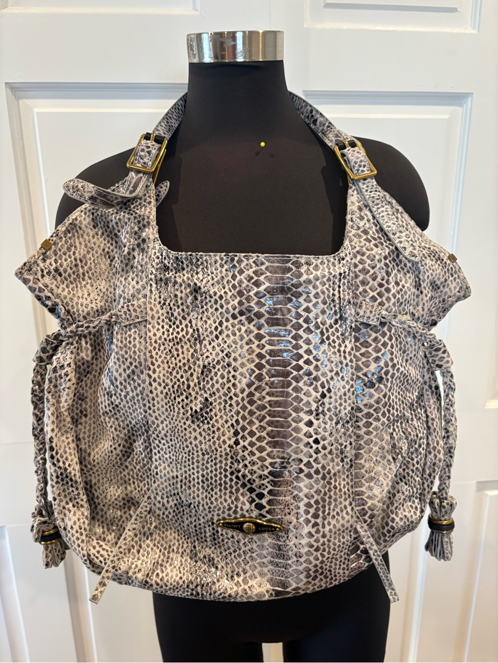 Elliott Lucca leather Snake-Print Hobo in Gray and White